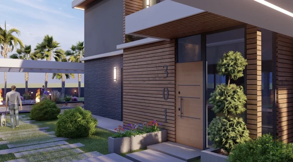 Colony Villaları: ahşap kaplamalı cephe, villa giriş kapısı ve bahçe yolu