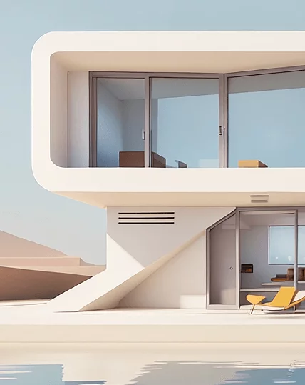 Havuz kenarında konsol çıkmalı, yumuşak hatlı beyaz modern ev