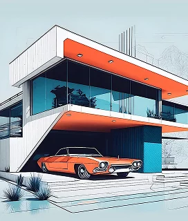Konsol çıkmalı modern konut ve önündeki turuncu klasik otomobilin çizimi