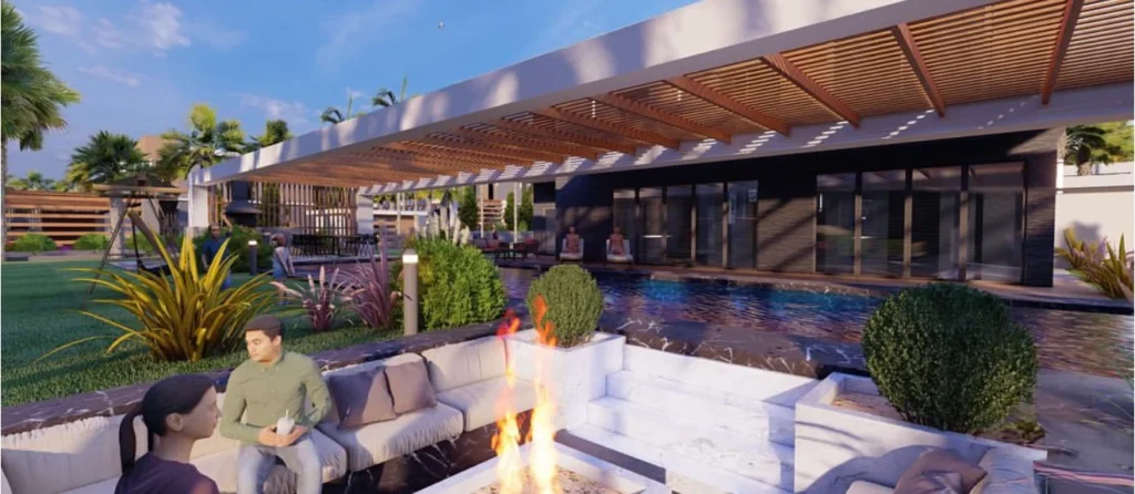 Colony Villaları: ahşap pergolalı havuz başı ve ateş çukurlu oturma alanı