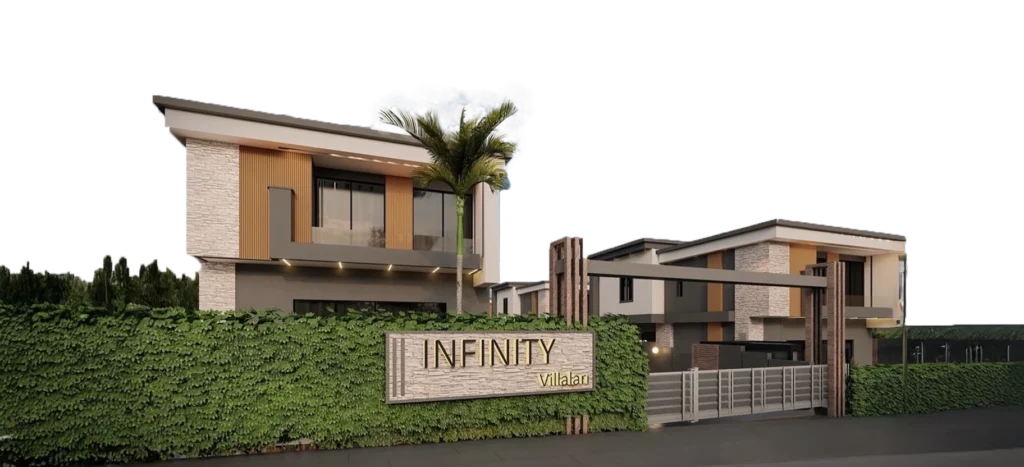 İnfinity Villaları: taş ve ahşap kaplamalı modern villalar ve site girişi