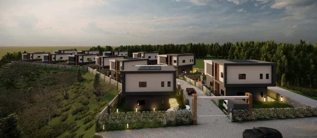 İnfinity Villaları: yamaçta sıralanan, çatısı güneş panelli müstakil villalar